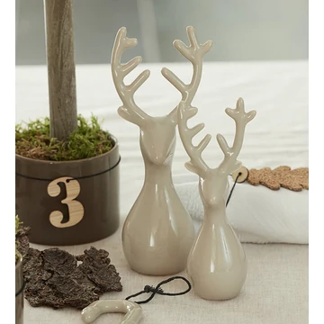 Kerámia szarvas pár fényes homok színben, kézzel készítve, H16,5 + H20 cm.