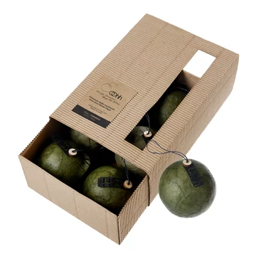 Pulp karácsonyi gömb szett – égetett olivazöld árnyalat, hat darabos díszdobozban