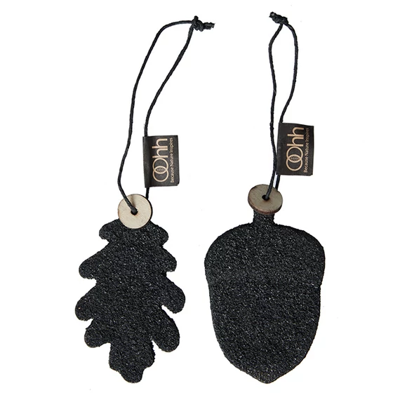 Fekete Wood’z díszek – kézzel készült makk és tölgyfalevél papírból és fűrészporból.