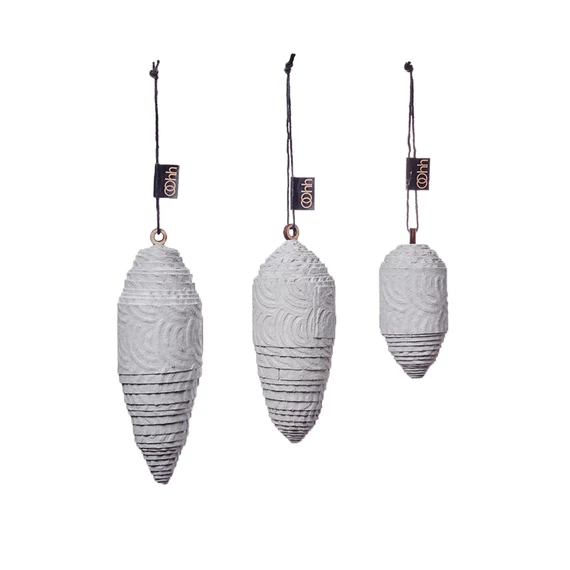 Fehér Papír toboz dísz szett – három kézzel formált karácsonyi dekoráció